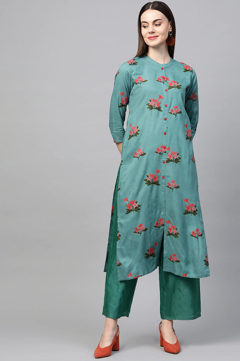 Ahika Women Cotton Fabric Trendy Festive Wear Light Cyan Color Printed Kurti