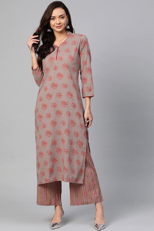 Ahika Women Regular Wear Cotton Fabric Printed Wine Color Simple Kurta And Palazzo Set