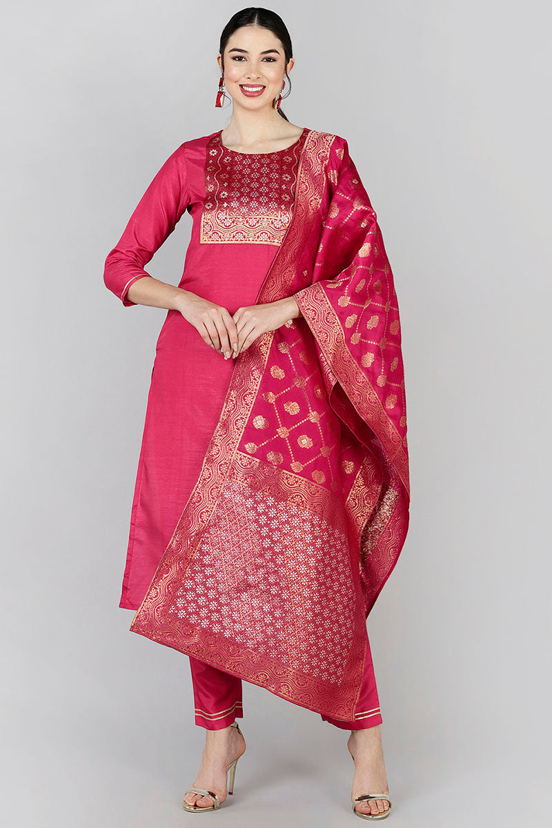 AHIKA Women Red Yoke Design Kurta Trousers With Dupatta 