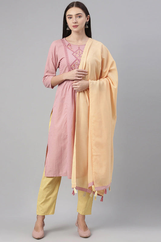 Ahika Women Cotton Pink Solid Printed Straight Kurta Pant Dupatta Set