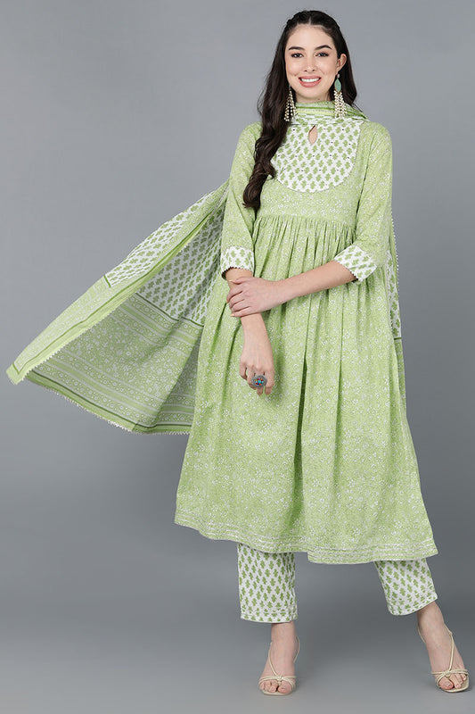 Ahika Women Green Pure Cotton Printed Kurta Trousers With Dupatta 