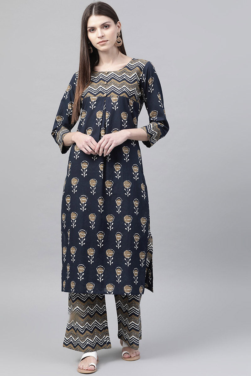 Ahika Women Occasion Wear Printed Stylish Navy Blue Kurta Palazzo Set