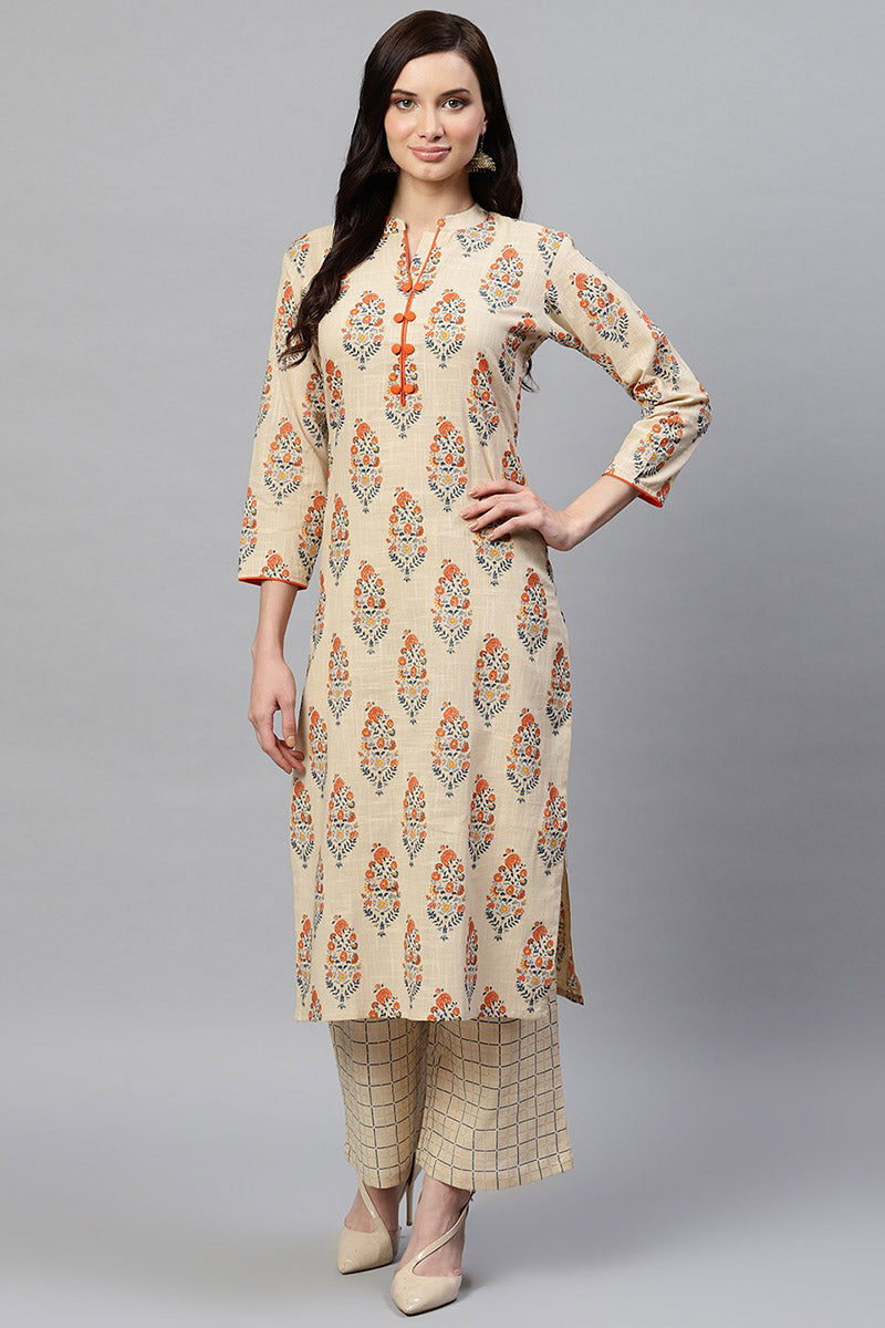 Ahika Women Beige Color Function Wear Cotton Fabric Printed Kurta And Palazzo Set