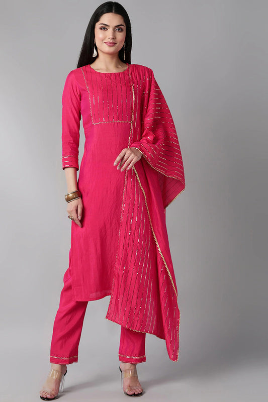 AHIKA Women Pink Regular Gotta Patti Kurta with Trousers Dupatta Set