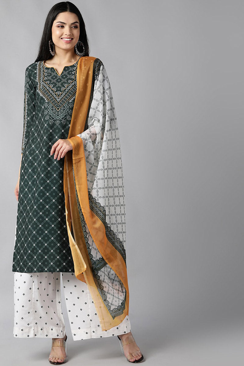 AHIKA Women Green Ethnic Motifs Printed Regular Kurta with Palazzos With Dupatta Set