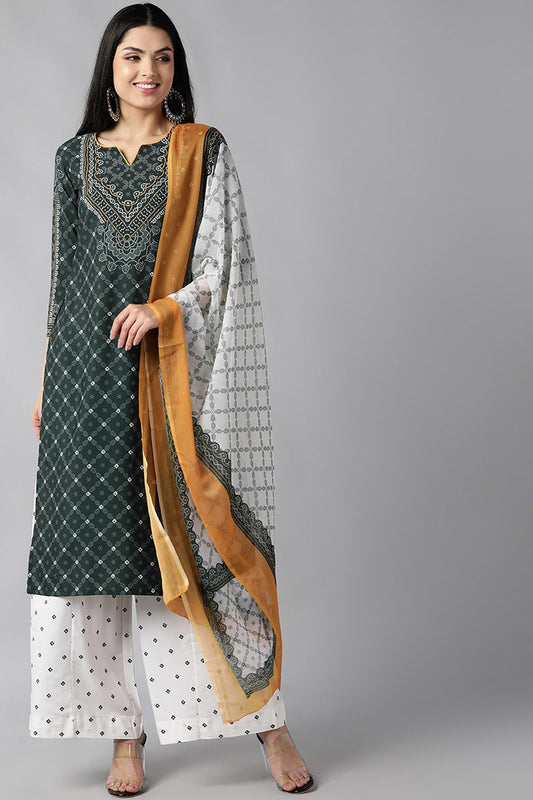 AHIKA Women Green Ethnic Motifs Printed Regular Kurta with Palazzos With Dupatta Set