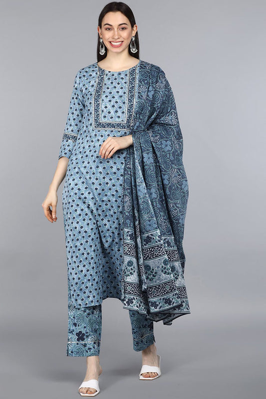 AHIKA Women Blue Floral Printed Pure Cotton Kurta with Trousers  With Dupatta