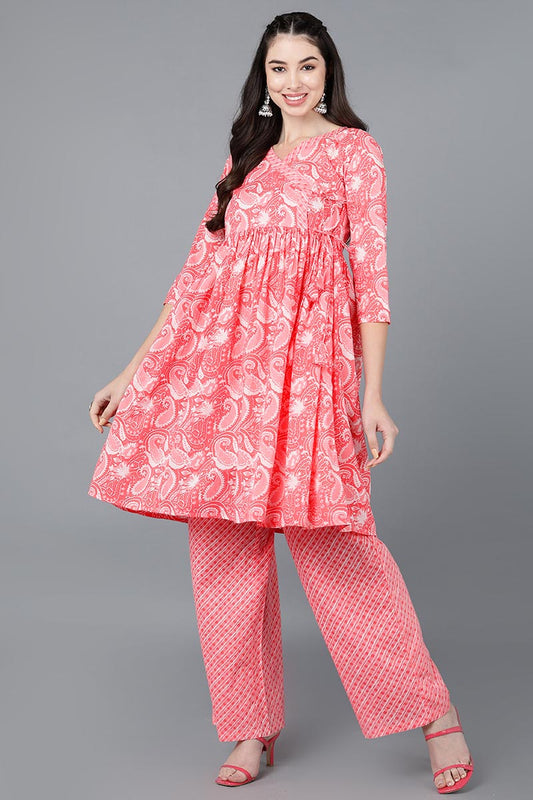 Ahika Women Pink Pure Cotton Printed Kurta Trousers