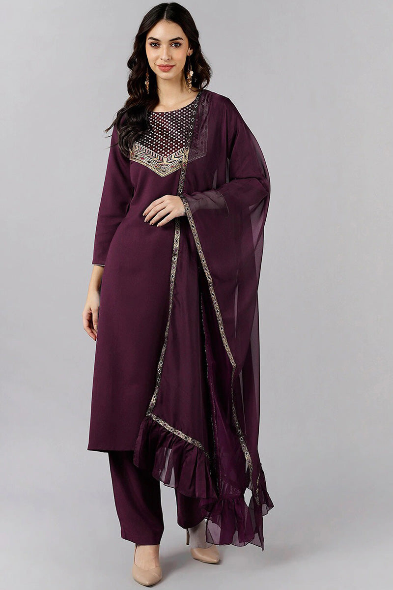 Purple Cotton Blend Solid Straight Suit Set PKSKD1179