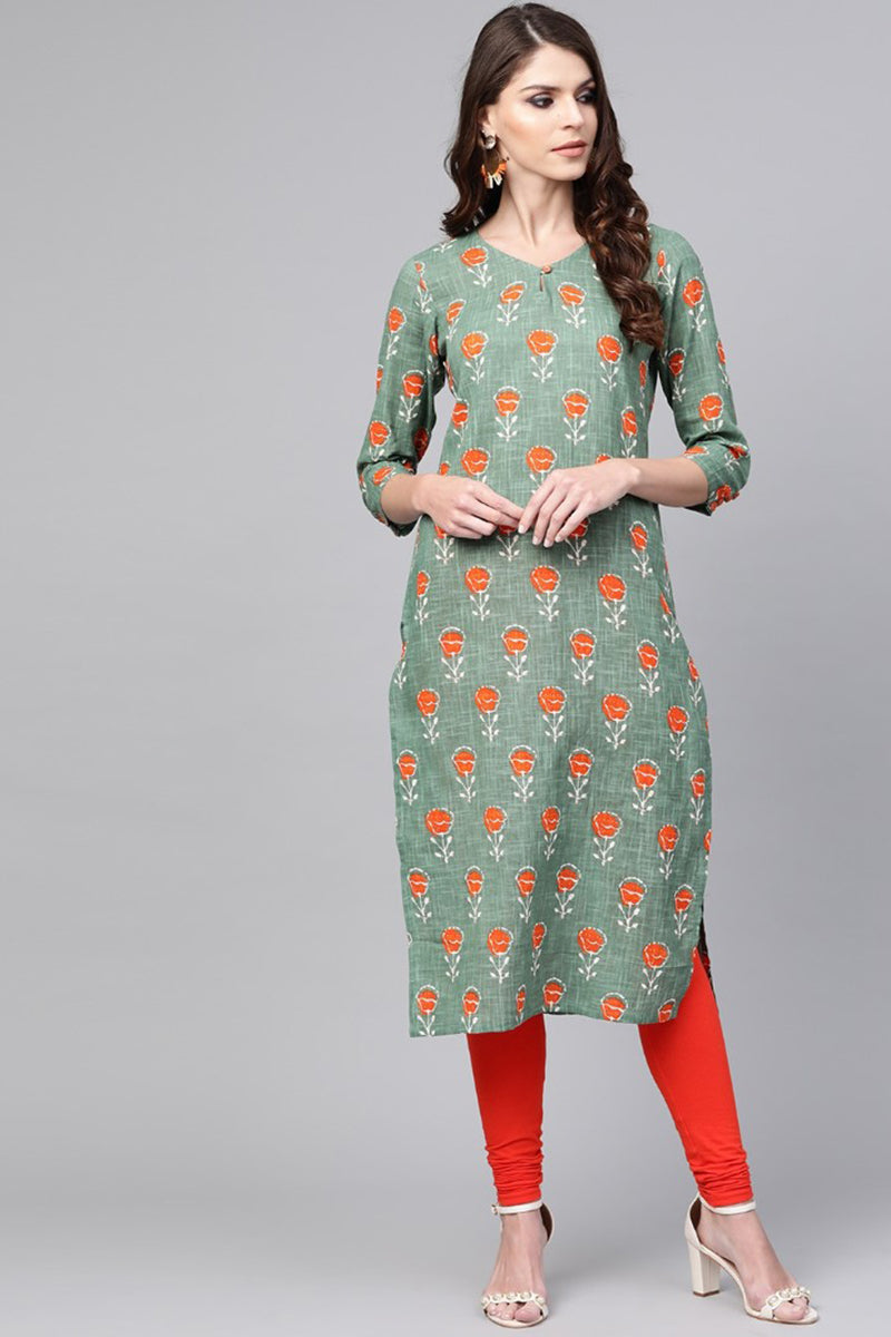 Ahika Women Casual Wear Cotton Fabric Sea Green Printed Trendy Kurti