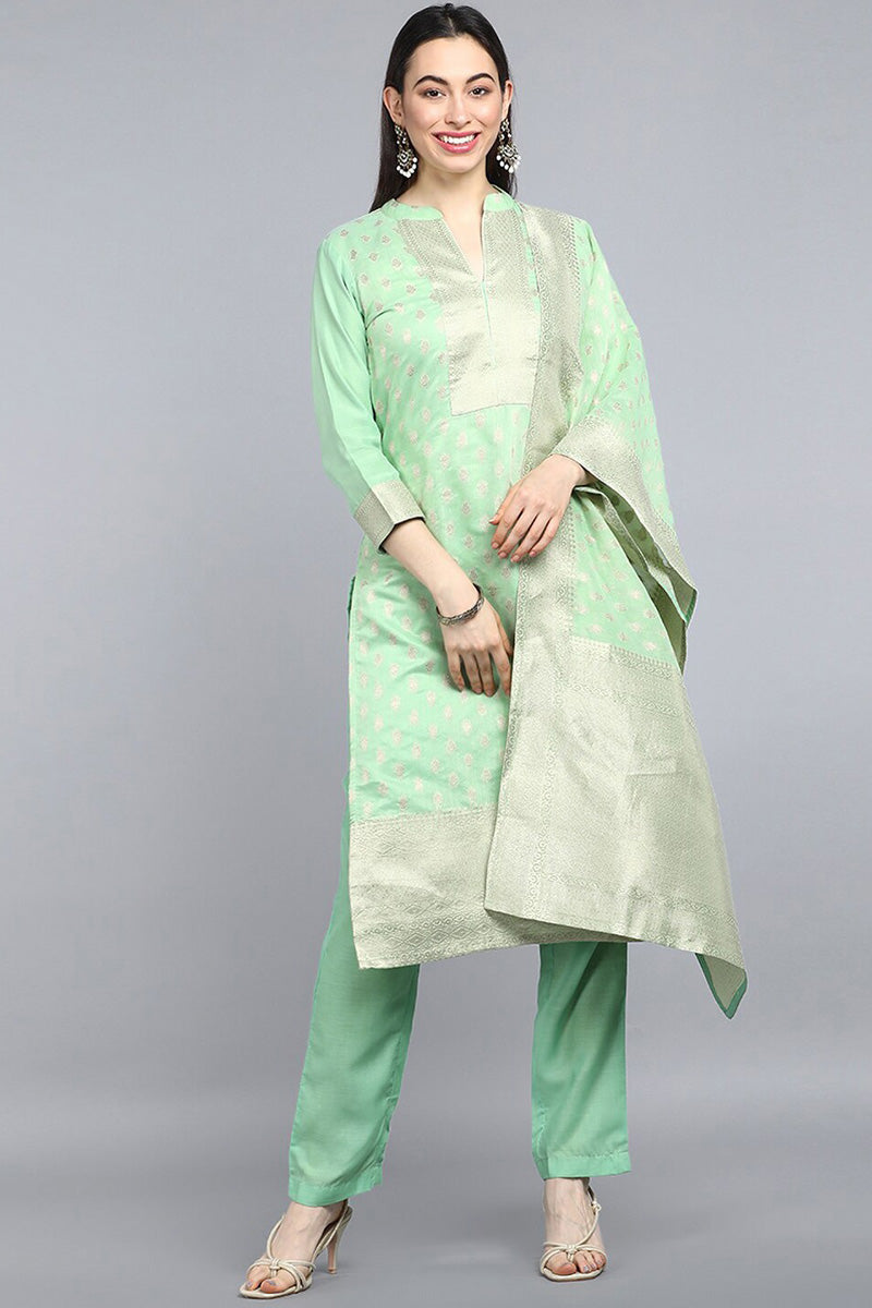 AHIKA Women Lime Green Gold-Toned Ethnic Motifs Kurta With Trousers Dupatta