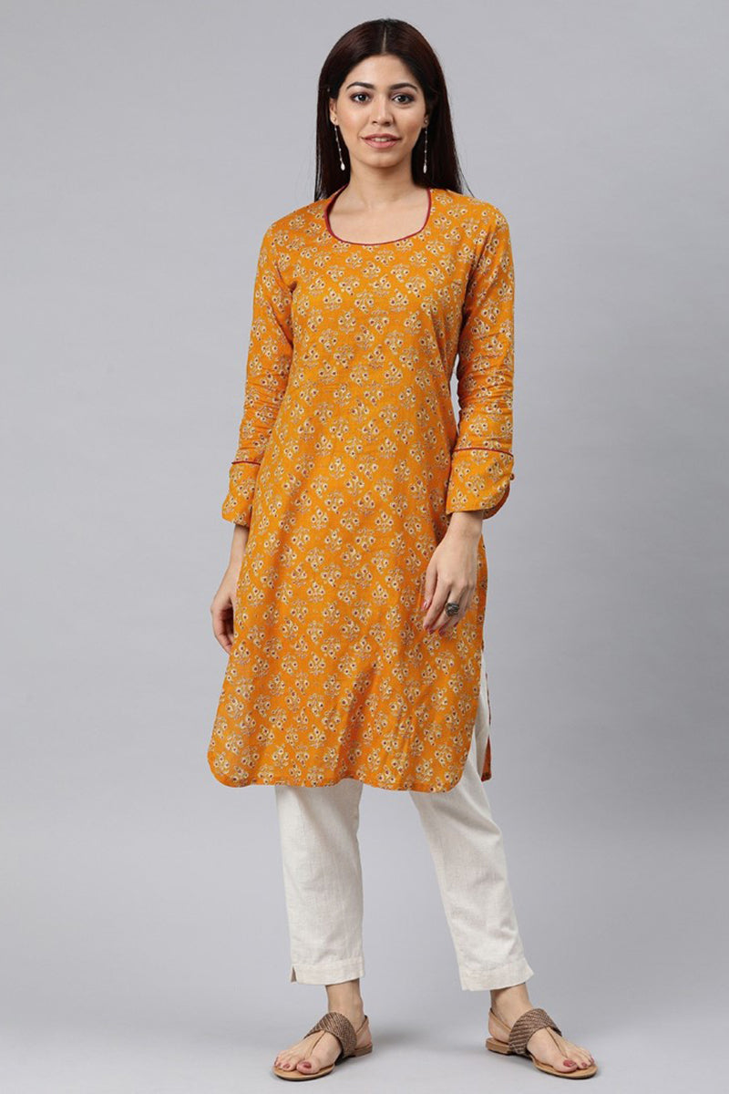 AHIKA Women Mustard Yellow Ethnic Motifs Printed Kurta