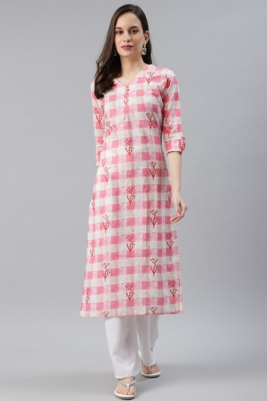 Ahika Women Cotton Pink Checked Printed Straight Kurti