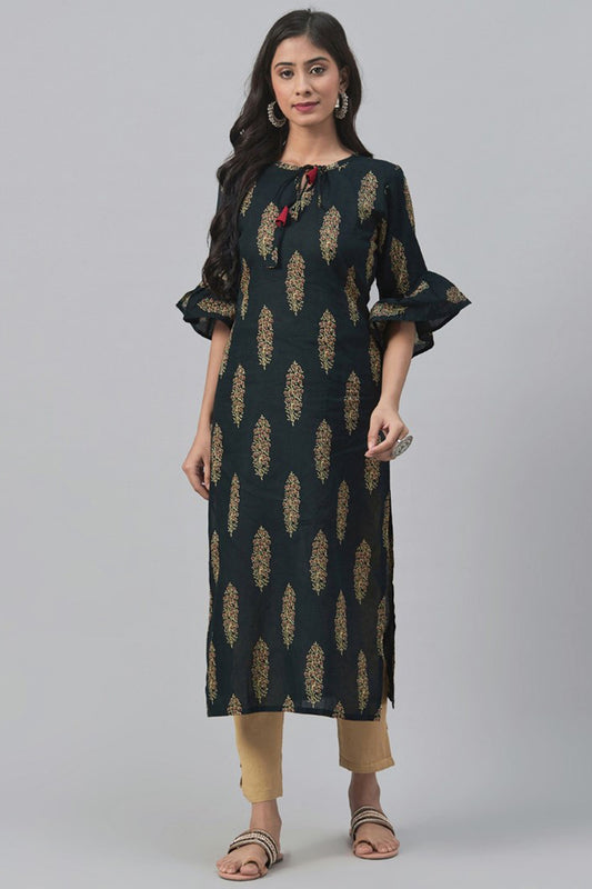 Ahika Women Green And Beige Printed Straight Kurta