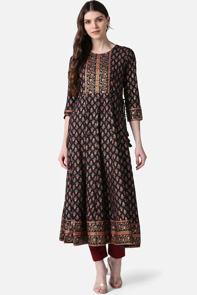 AHIKA Women Black Gold Ethnic Motifs Printed Mirror Work Anarkali Kurta