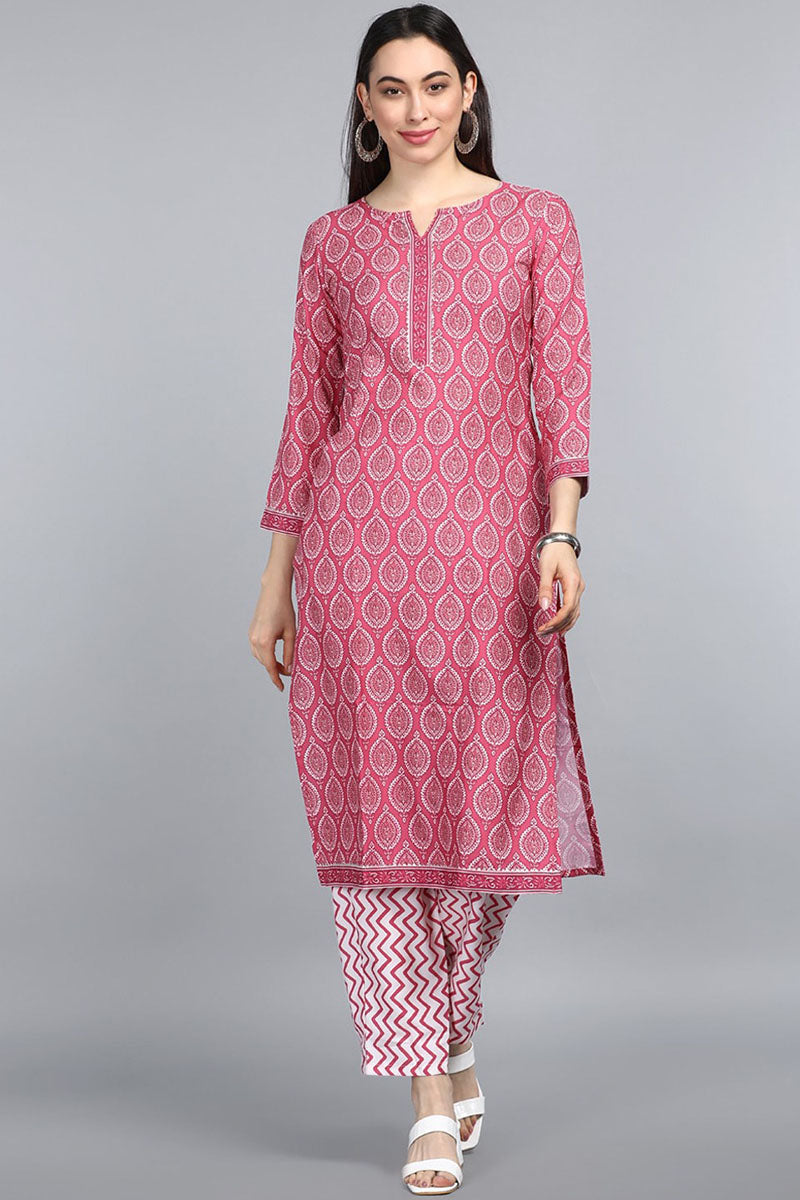 AHIKA Women Pink Floral Printed Layered Kurti with Trousers Set