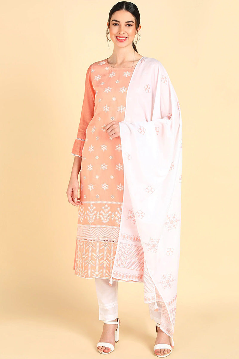 AHIKA Women Peach Embroidered Kurta Trousers With Dupatta 