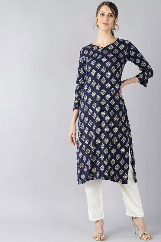 Women Navy Blue And Gold Toned Floral Printed Straight Kurta VCK1712E