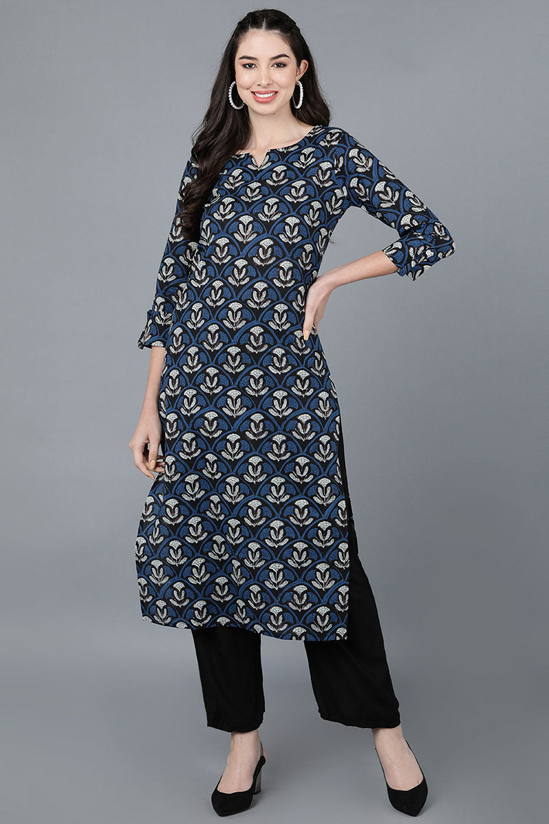 Navy Blue Rayon Blend Straight Kurta VCK8576