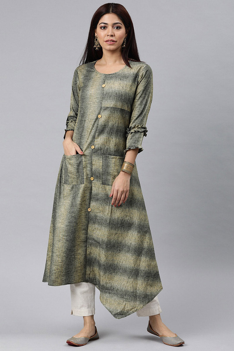 Women Grey And Beige Striped A Line Panelled Kurta with pockets VCK8125