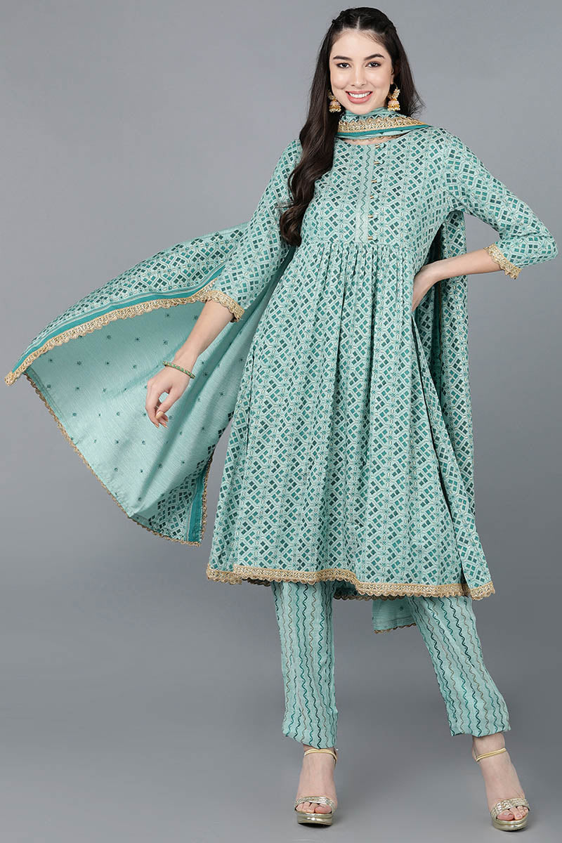 Ahika Women Sea Green Cotton Blend Printed Kurta Trousers With Dupatta 