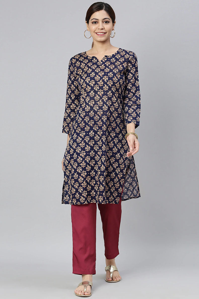 AHIKA Women Navy Blue & Beige Ethnic Motifs Printed Kurta