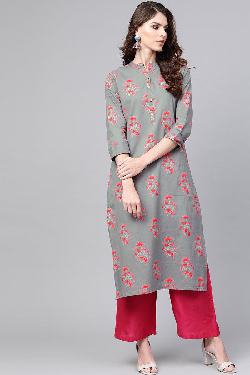 Ahika Women Cotton Fabric Trendy Festive Wear Grey Color Printed Kurti