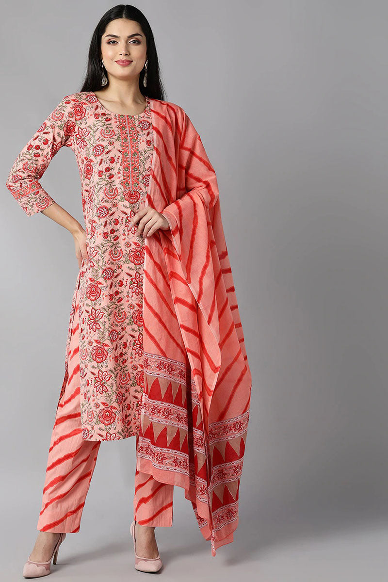 AHIKA Women Peach Coloured Ethnic Motifs Printed Cotton Kurta with Trousers Dupatta Set