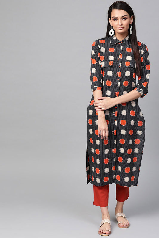 Ahika Women Cotton Fabric Printed Simple Function Wear Black Kurti