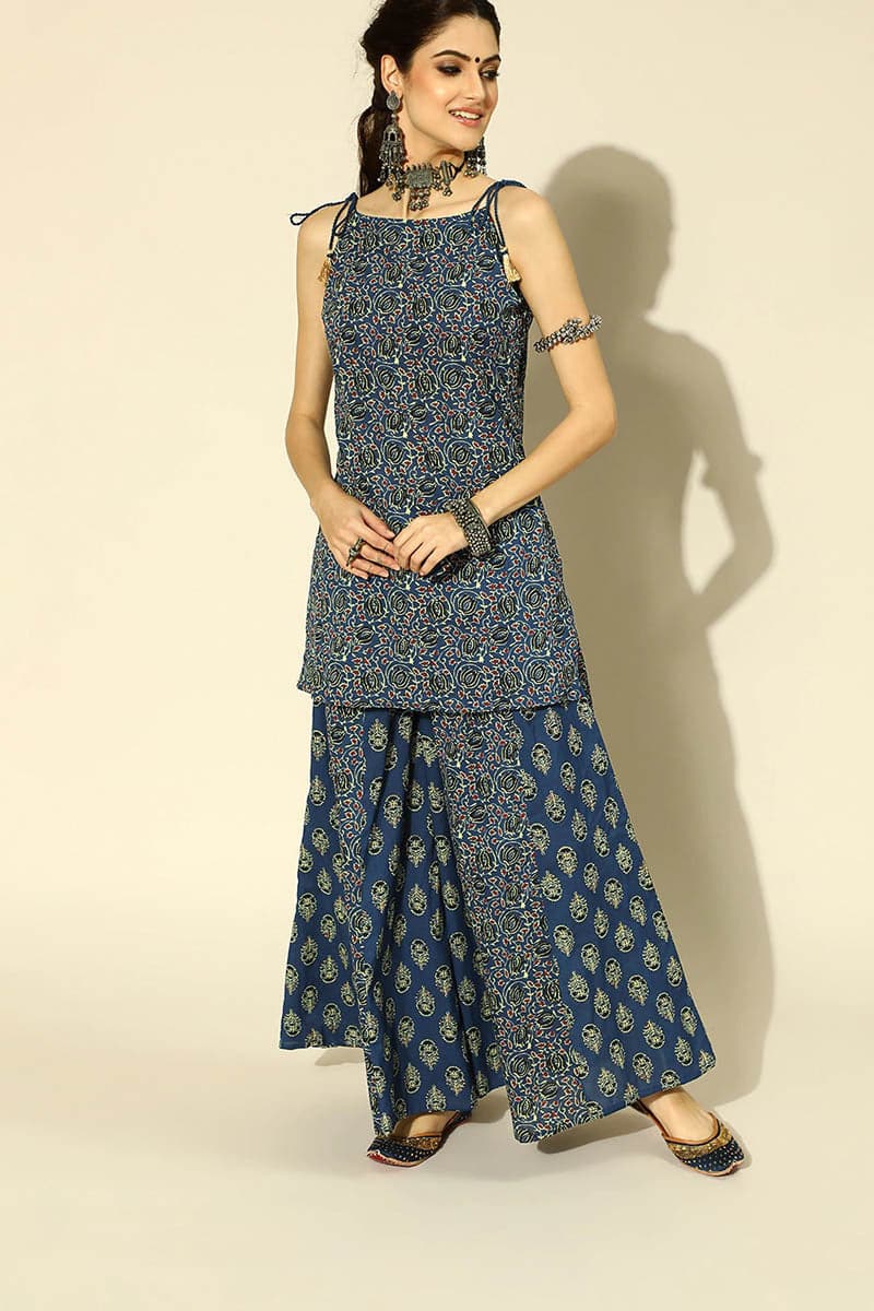 Ahika Deep Navy Blue and Maroon Pure Cotton Kurta Set