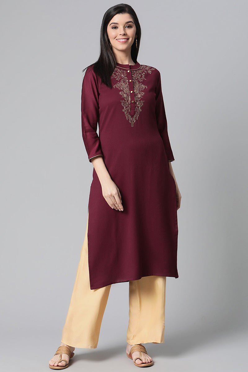 Ahika Women Magenta Yoke Design Embroidered Straight Kurta