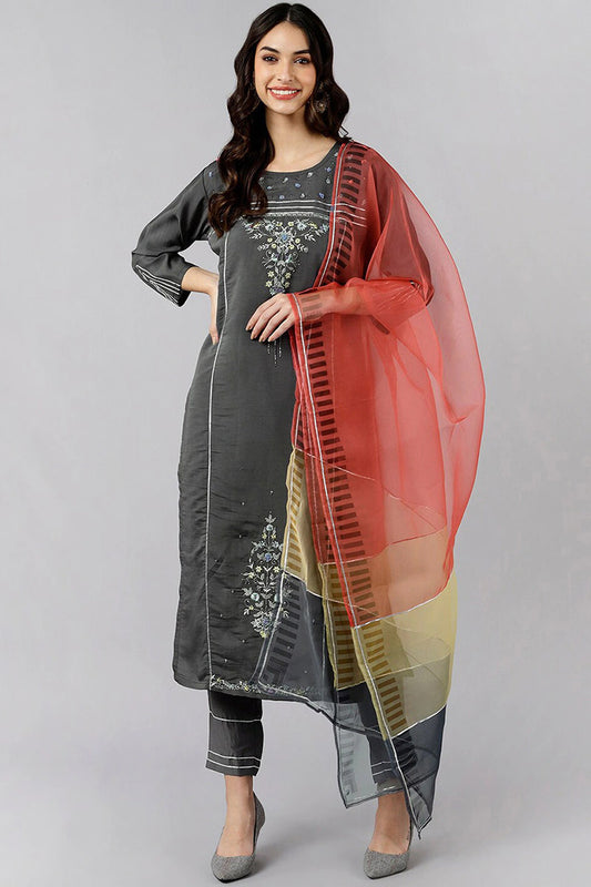 AHIKA Women Grey Solid Embroidered Kurta Trousers With Dupatta