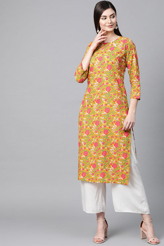 Ahika Women Fancy Occasion Wear Yellow Color Cotton Fabric Kurti