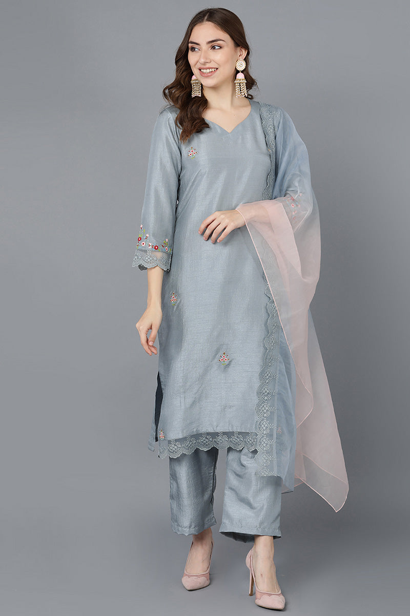 Ahika Women Grey Poly Silk Embroidered Kurta Trousers With Dupatta