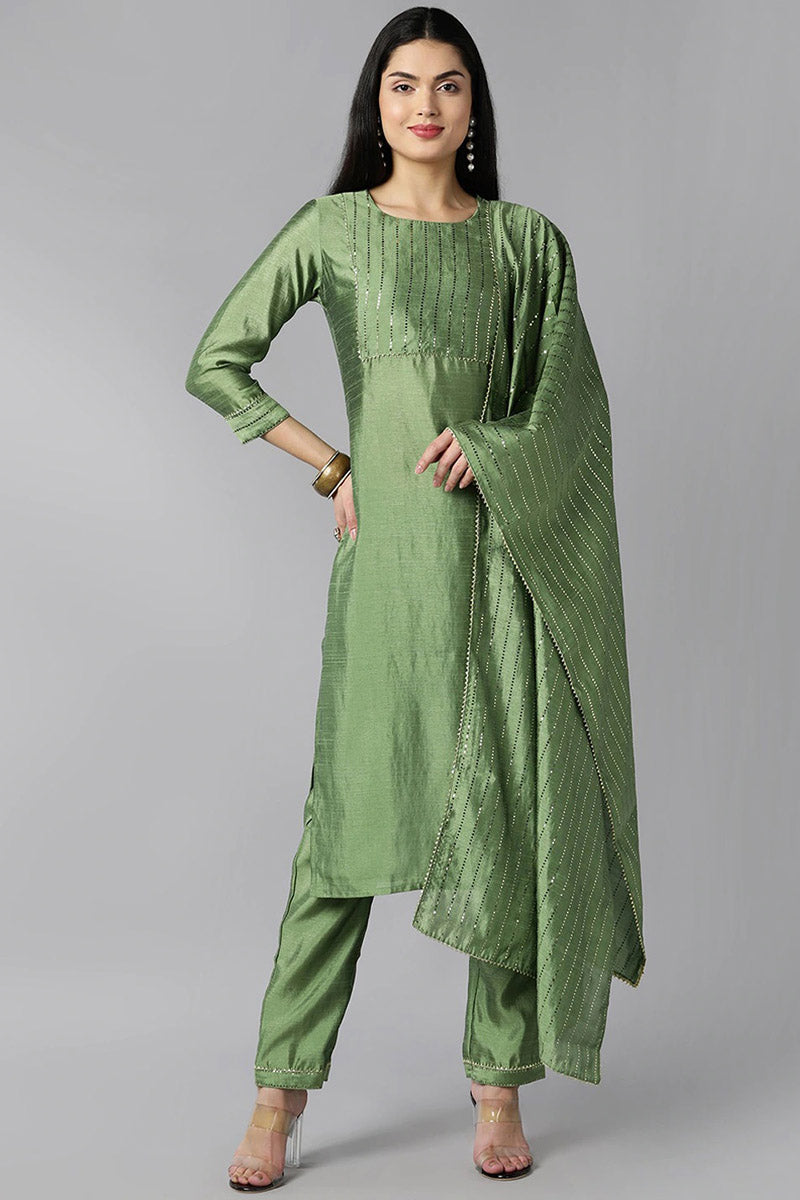 Green Poly Chanderi Solid Straight Suit Set PKSKD1088