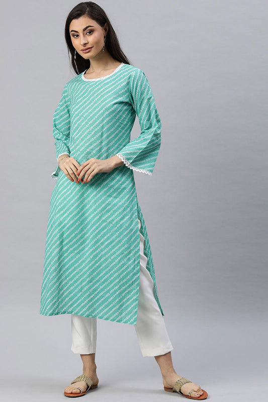 Ahika Women Sea Green And White Printed A Line Kurta