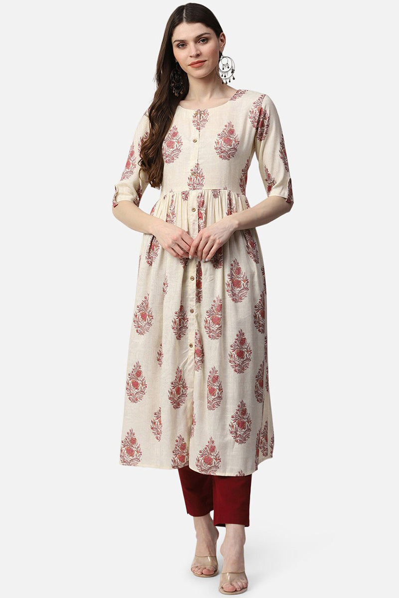 Ahika Women Cotton Beige Ethnic Motifs Printed A Line Kurti