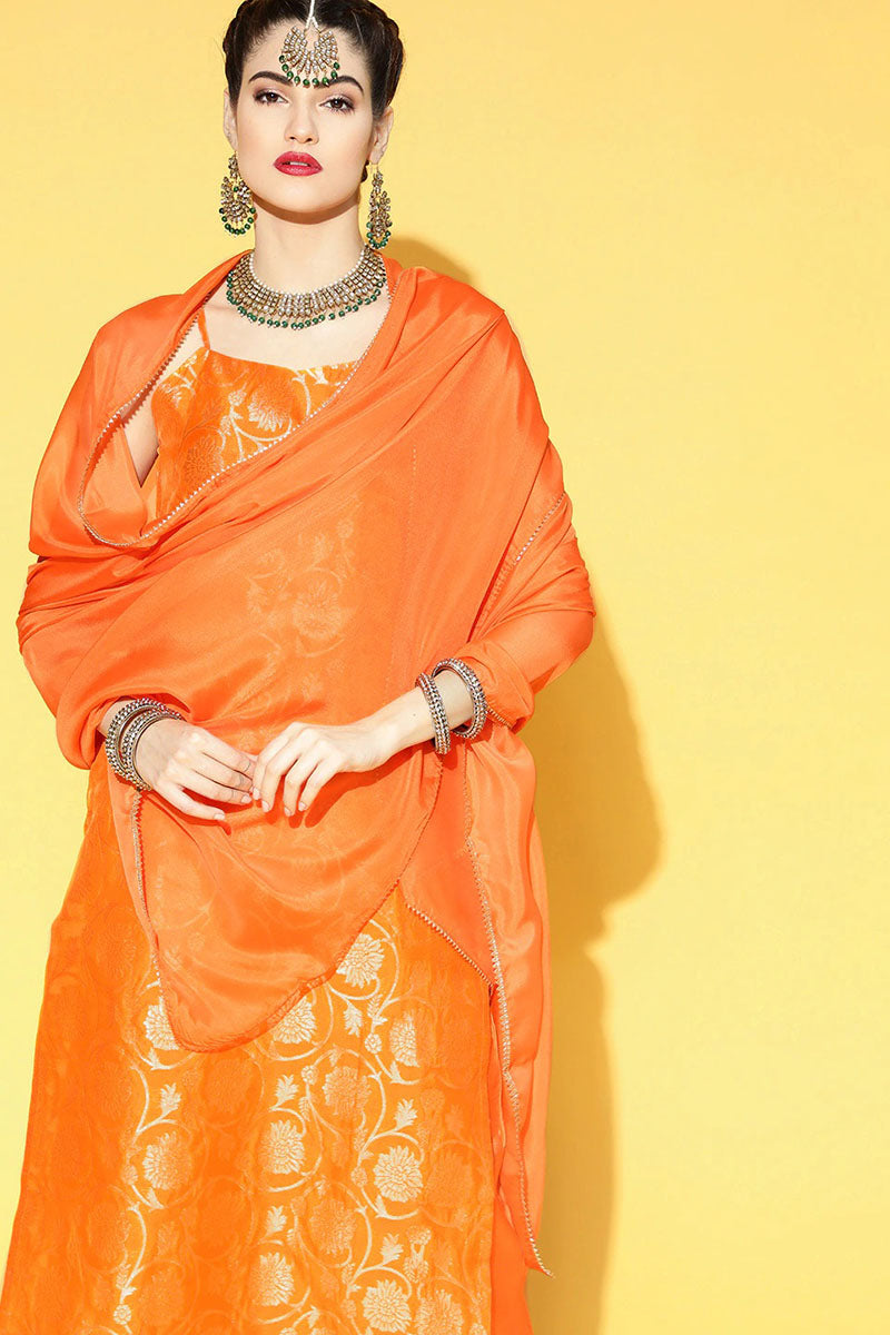AHIKA Women Orange Floral Woven Design Pure Cotton Kurta with Trousers With Dupatta Set