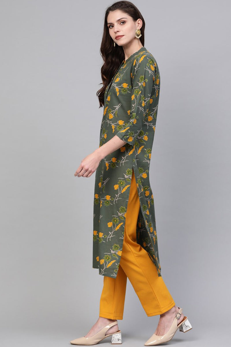 Ahika Women Cotton Fabric Printed Simple Function Wear Green Color Kurti