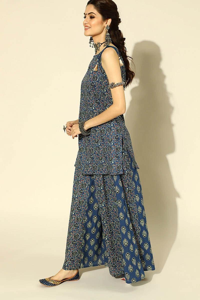 Ahika Deep Navy Blue and Maroon Pure Cotton Kurta Set