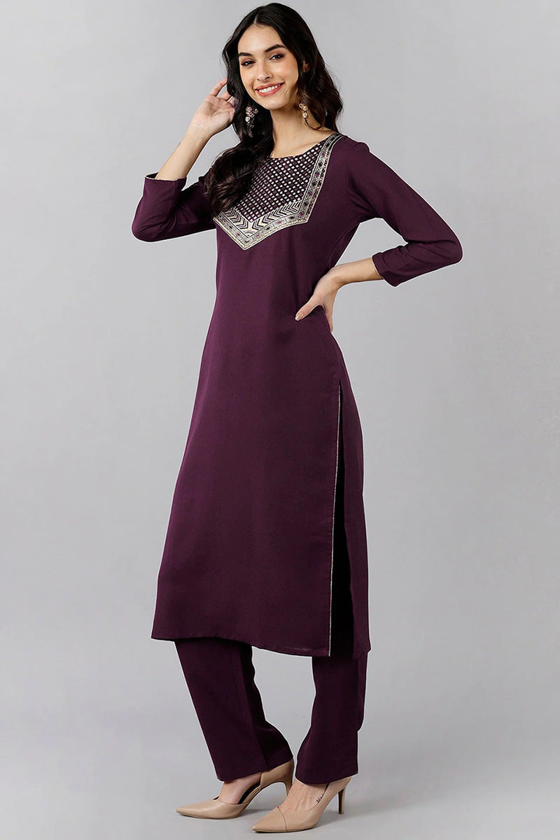 Purple Cotton Blend Solid Straight Suit Set PKSKD1179