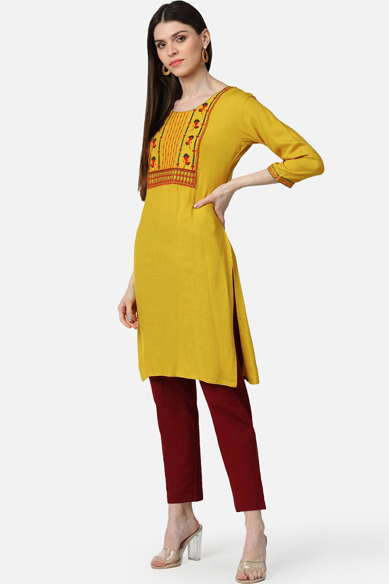 Yellow Solid Straight Roll up Sleeve Kurti | Buy Women Clothing