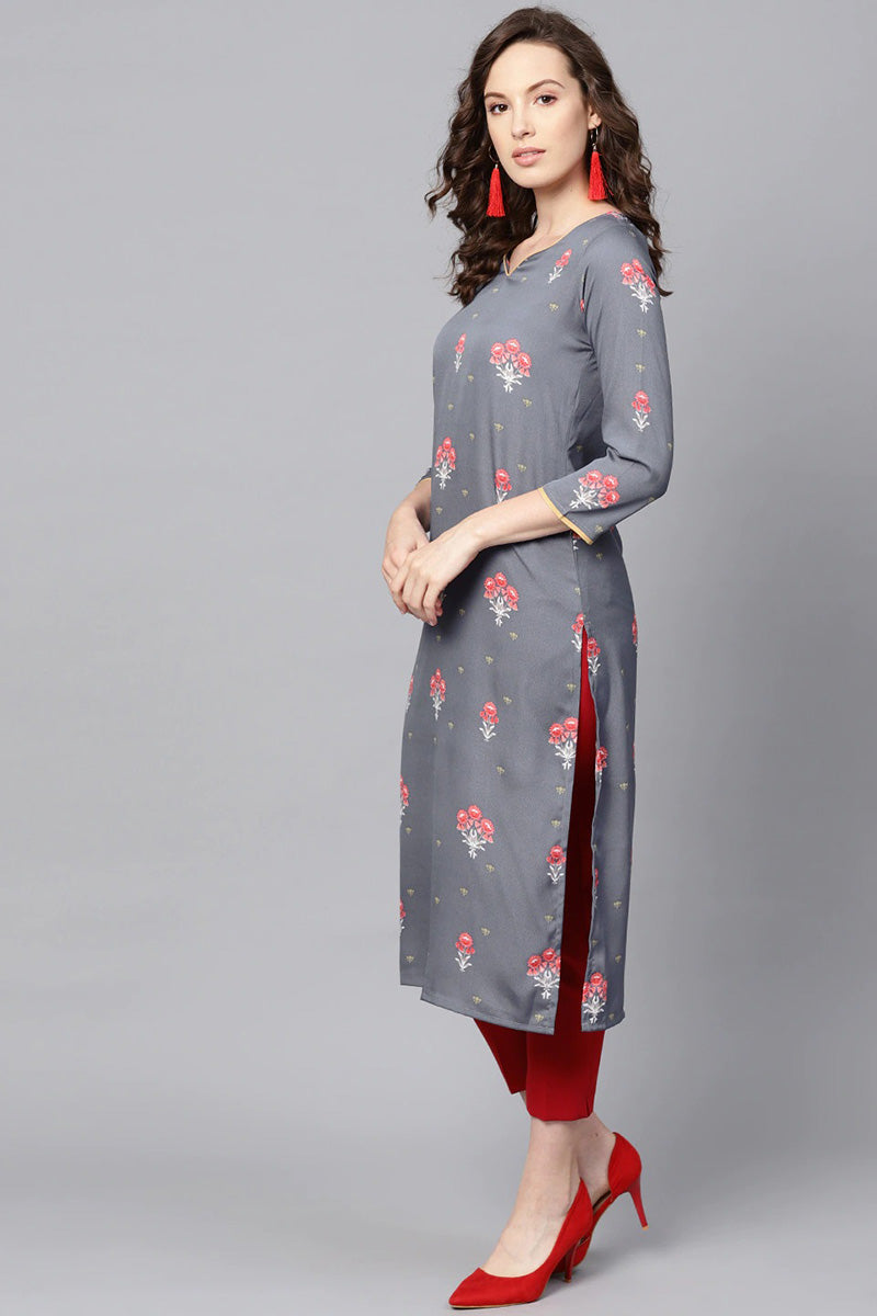 Ahika Women Casual Wear Crepe Fabric Grey Color Printed Trendy Kurti