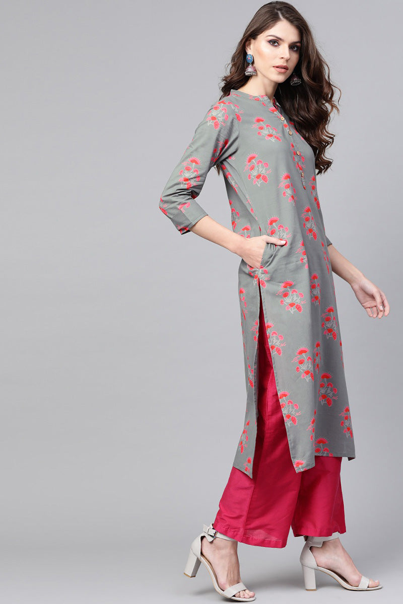 Ahika Women Cotton Fabric Trendy Festive Wear Grey Color Printed Kurti