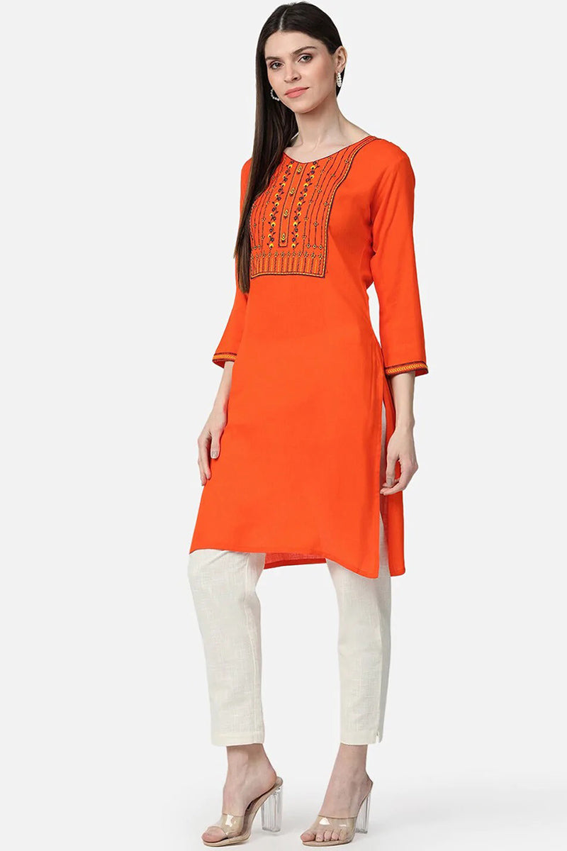 AHIKA Women Orange Blue Yoke Design Cotton Straight Kurta