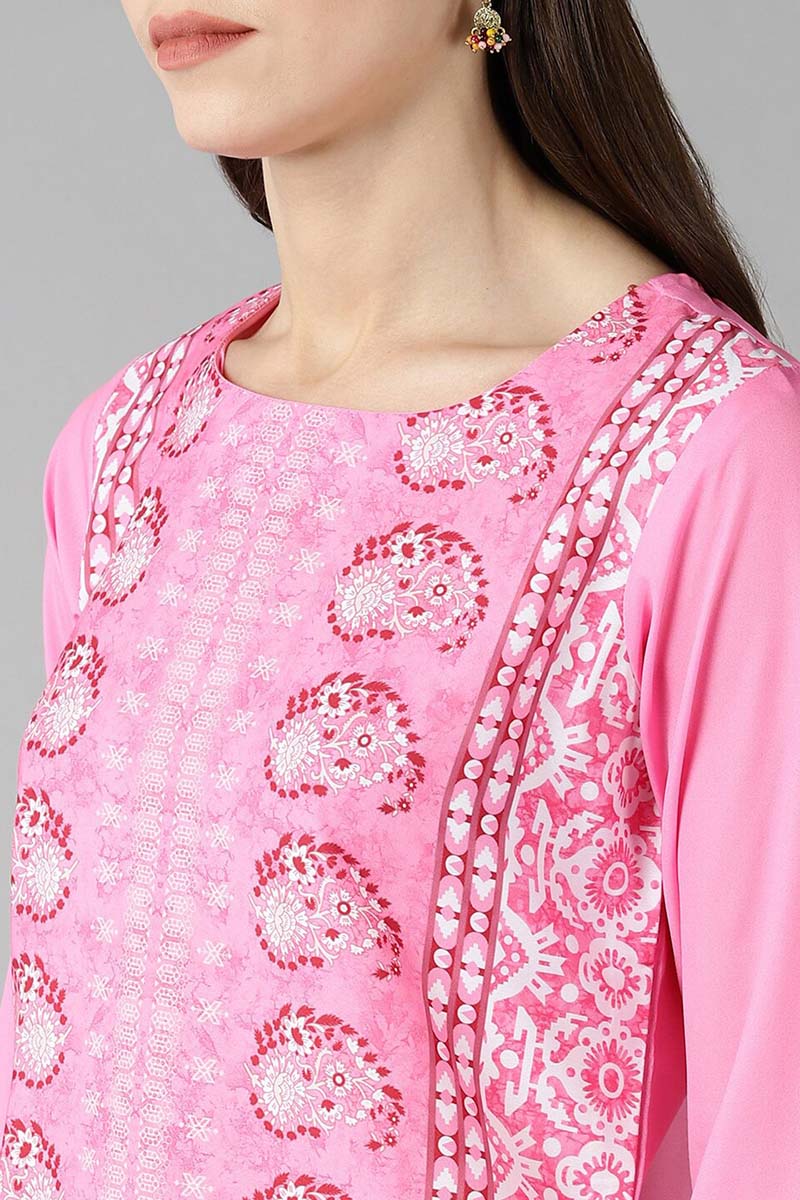 Ahika Women Pink & White Printed Straight Kurta