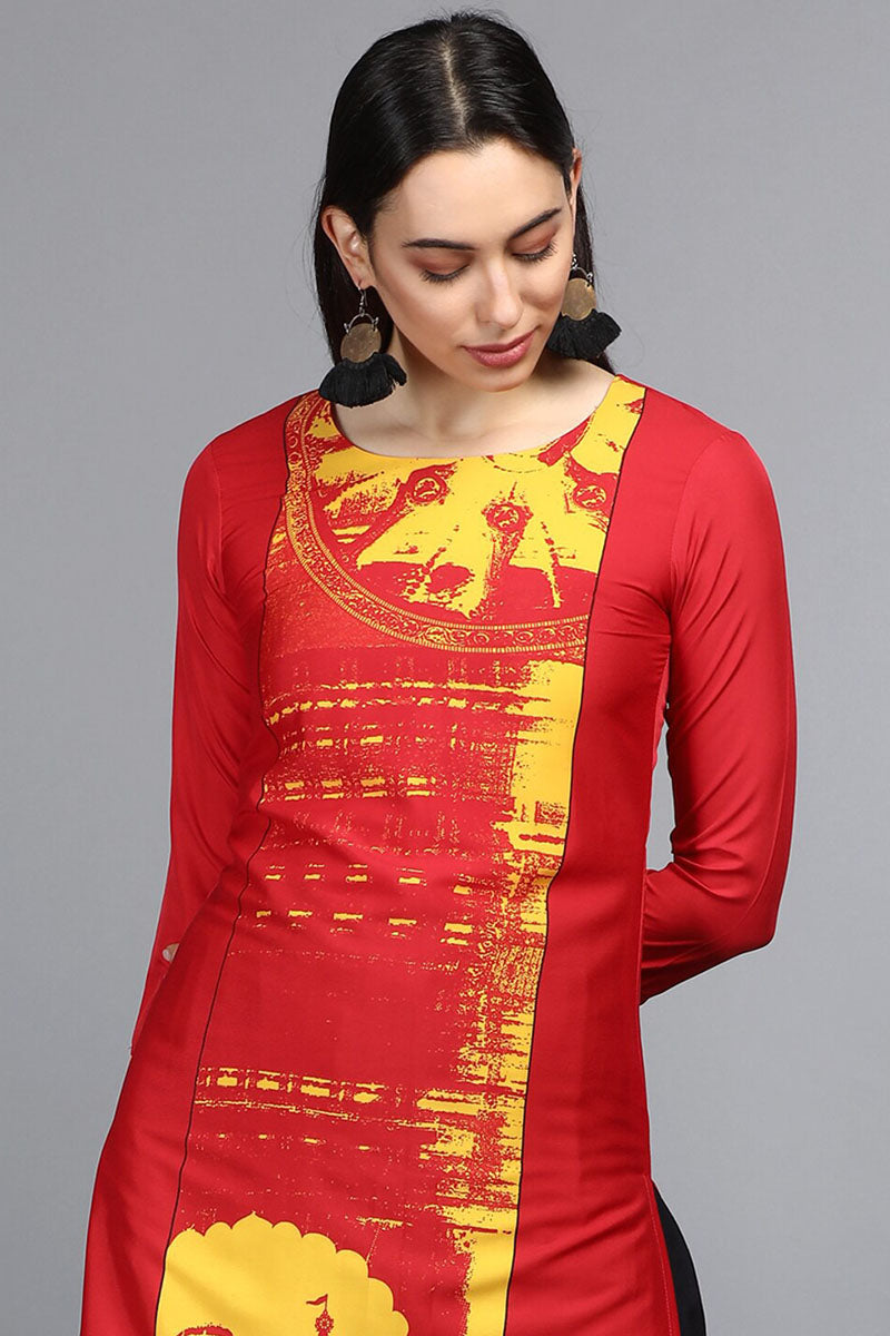 Ahika Women Regular Wear Red Color Crepe Fabric Printed Fancy Kurti