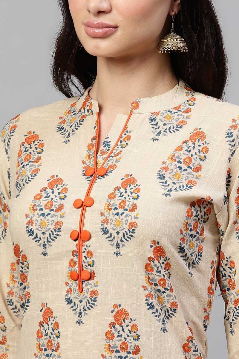 Ahika Women Beige Color Function Wear Cotton Fabric Printed Kurta And Palazzo Set