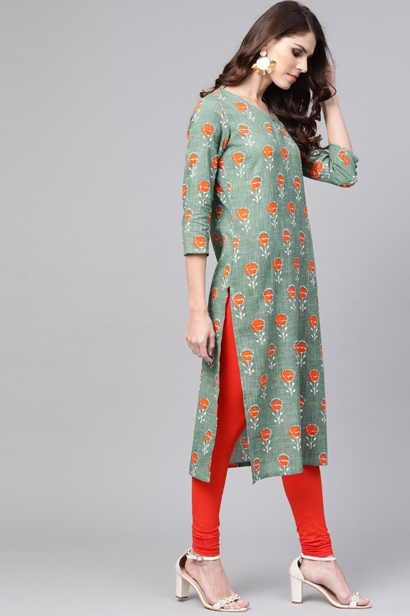 Ahika Women Casual Wear Cotton Fabric Sea Green Printed Trendy Kurti