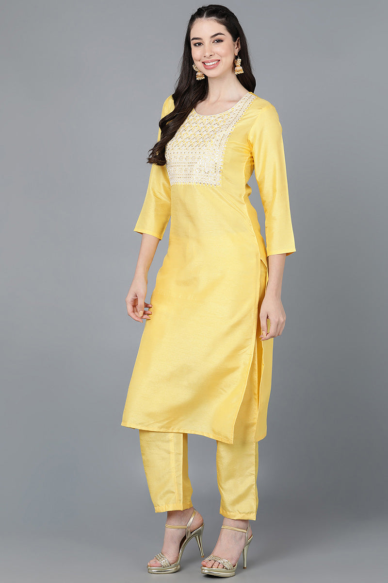 Ahika Women Yellow Poly Silk Embroidered Kurta Trousers With Dupatta